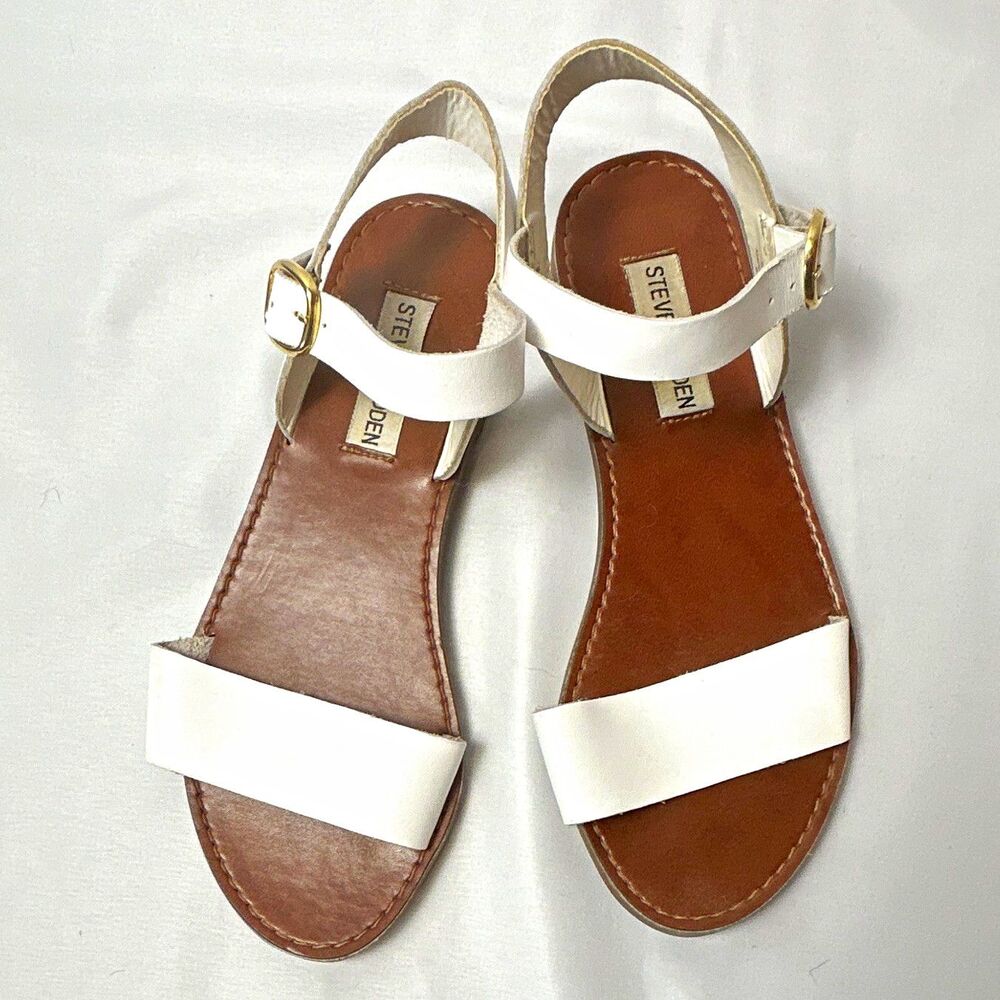Steve Madden Women's White Strappy Flat Ankle Strap Sandals, Buckle Closure